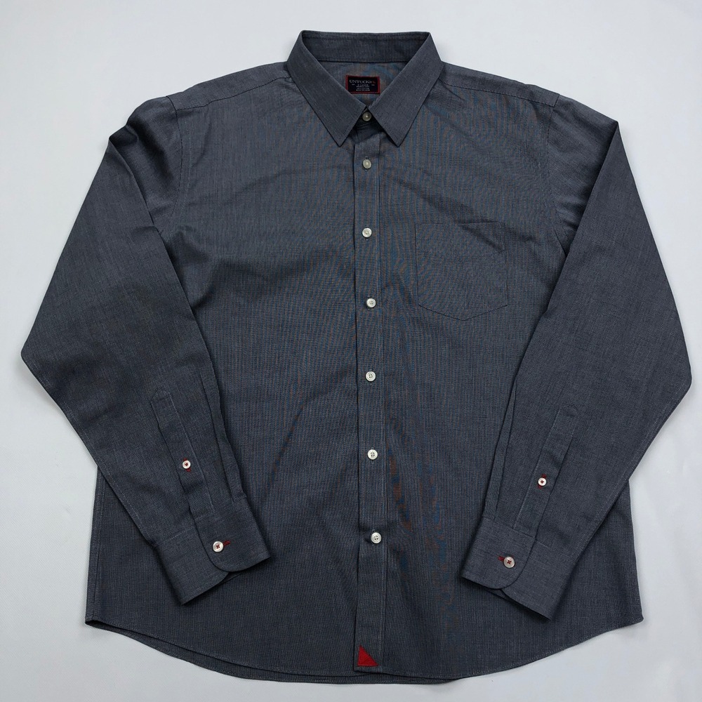 UNTUCKit Mens XL Shirt Navy Blue Pinpoint Oxford Wrinkle Free Cotton Button Down